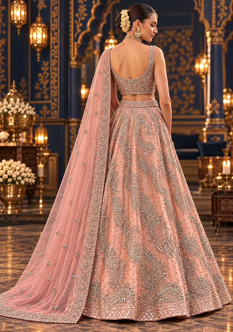 Light Pink Mirror And Zari Embellished Organza Lehenga Set With Net Dupatta - Indya