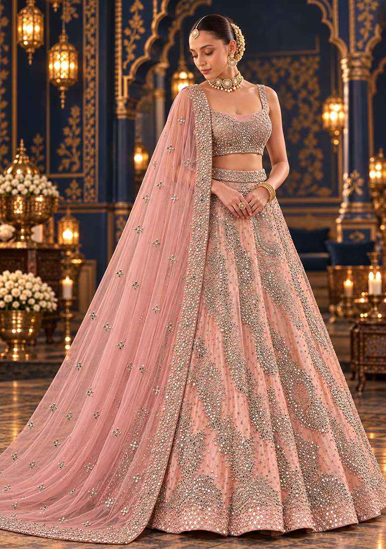Light Pink Mirror And Zari Embellished Organza Lehenga Set With Net Dupatta - Indya