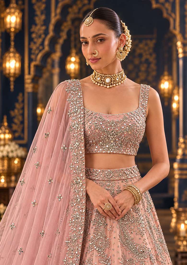 Light Pink Mirror And Zari Embellished Organza Lehenga Set With Net Dupatta - Indya