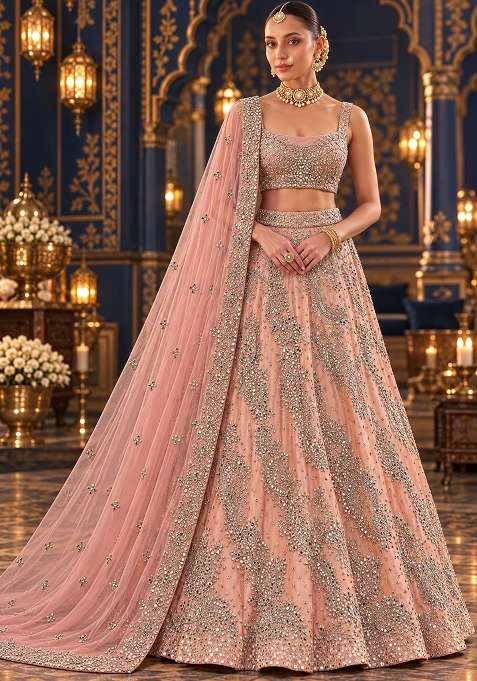 Light Pink Mirror And Zari Embellished Organza Lehenga Set With Net Dupatta