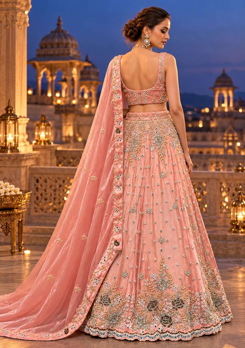 Peach Mirror And Bead Embellished Shimmer Organza Lehenga Set With Matching Dupatta - Indya