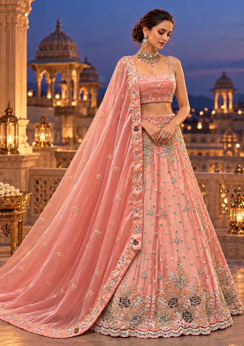 Peach Mirror And Bead Embellished Shimmer Organza Lehenga Set With Matching Dupatta - Indya