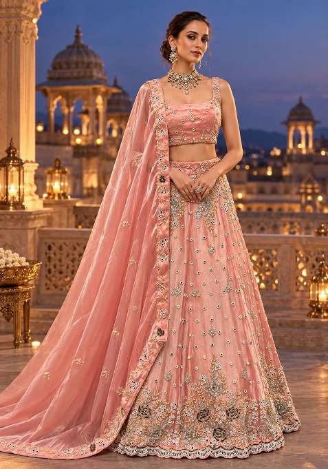 Peach Mirror And Bead Embellished Shimmer Organza Lehenga Set With Matching Dupatta