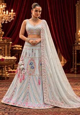 Light Blue Sequin And Bead Embellished Chanderi Silk Lehenga Set With Organza Dupatta