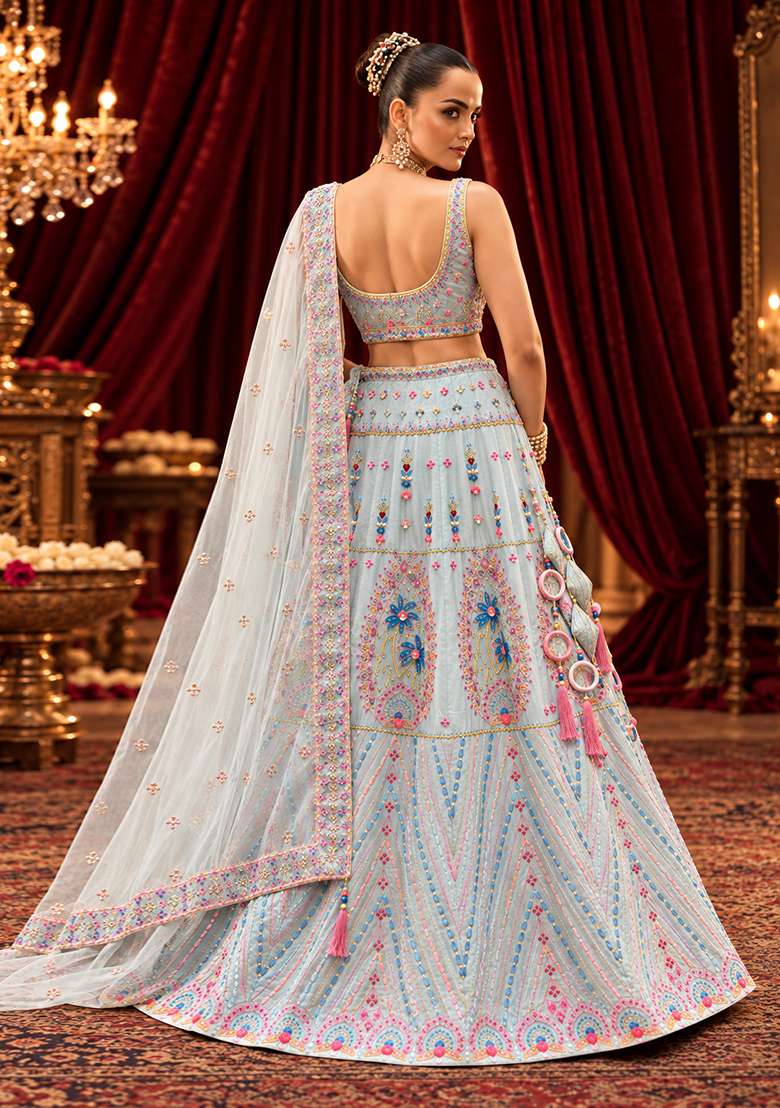 Light Blue Sequin And Bead Embellished Chanderi Silk Lehenga Set With Organza Dupatta - Indya