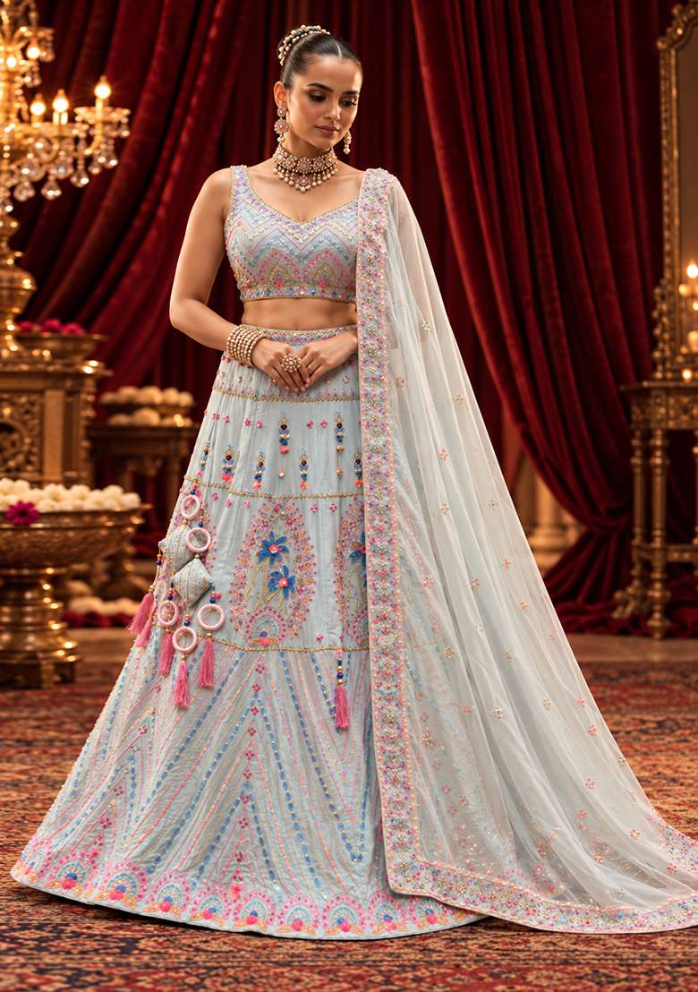 Light Blue Sequin And Bead Embellished Chanderi Silk Lehenga Set With Organza Dupatta - Indya