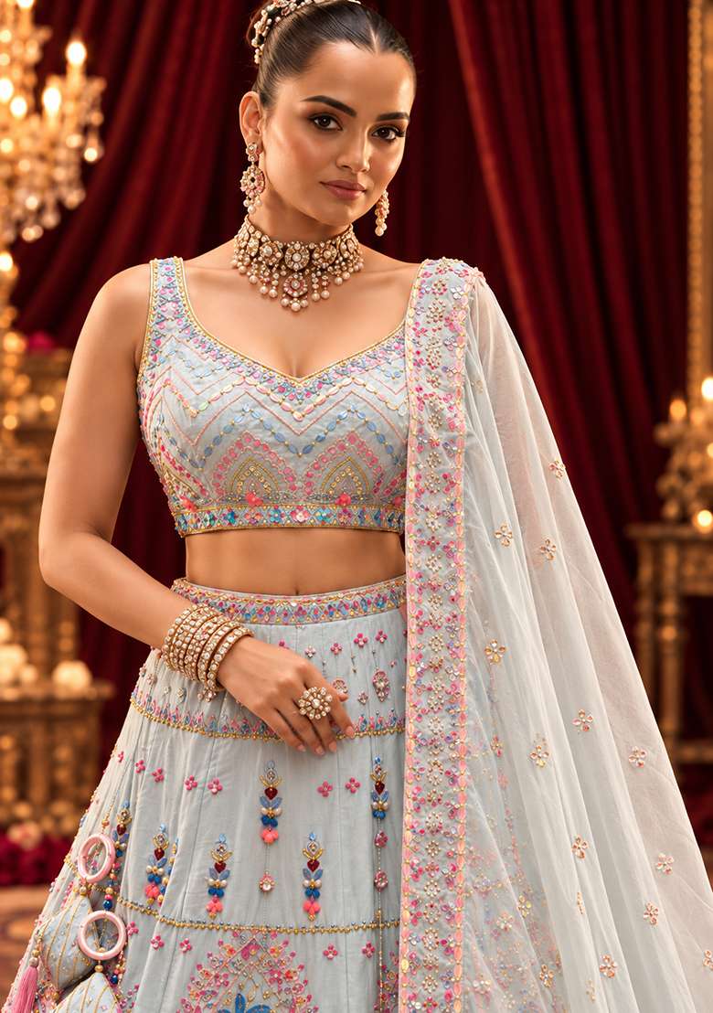 Light Blue Sequin And Bead Embellished Chanderi Silk Lehenga Set With Organza Dupatta - Indya