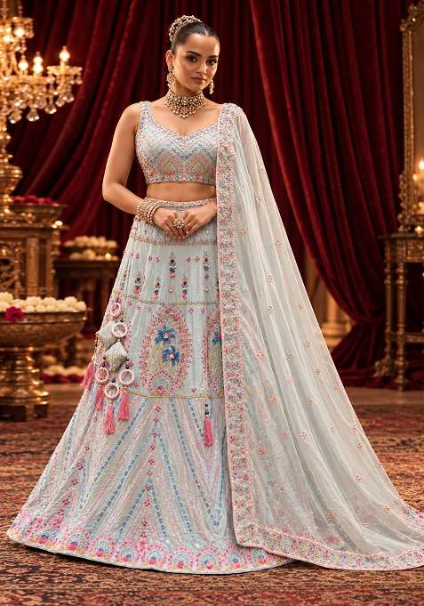 Light Blue Sequin And Bead Embellished Chanderi Silk Lehenga Set With Organza Dupatta