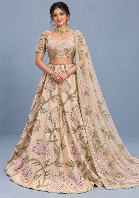 Light Peach Sequin And Cutdana Embellished Chanderi Silk Lehenga Choli Set