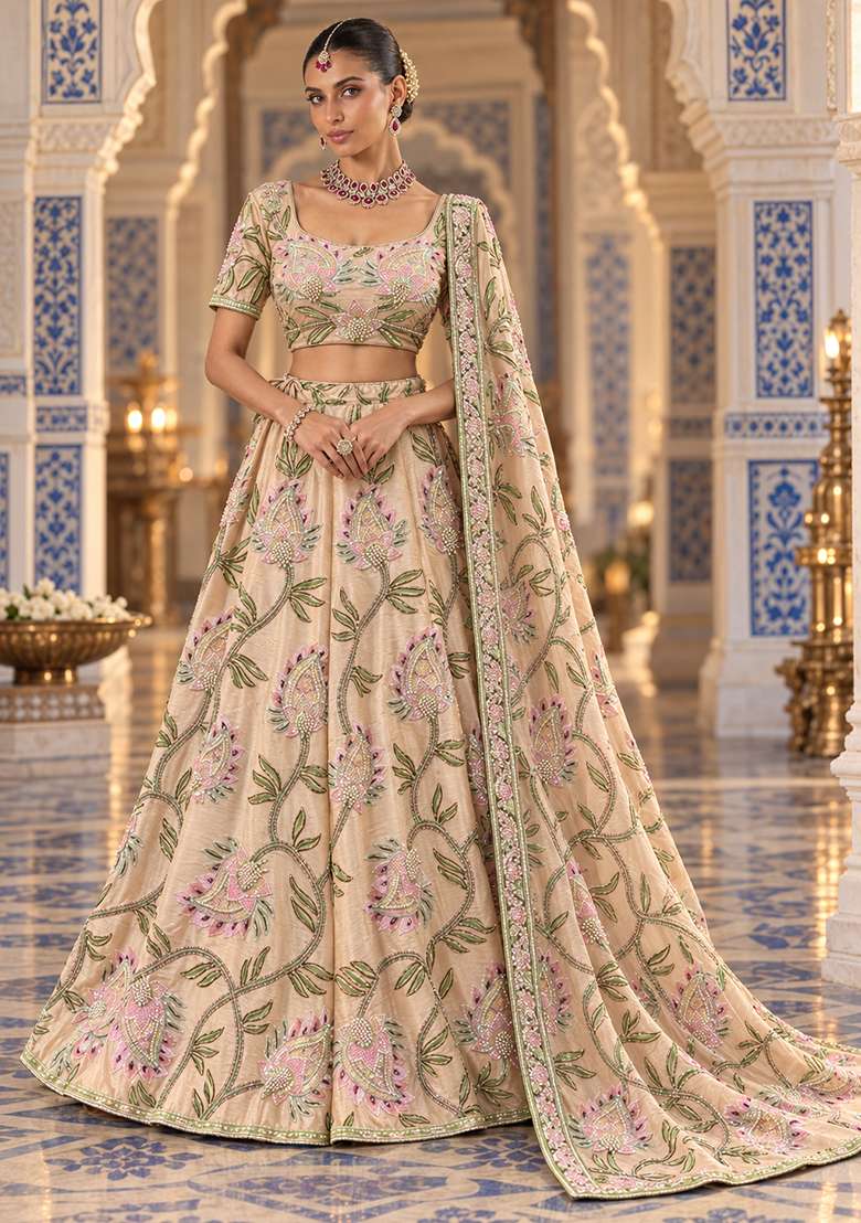 Light Peach Sequin And Cutdana Embellished Chanderi Silk Lehenga Choli Set - Indya