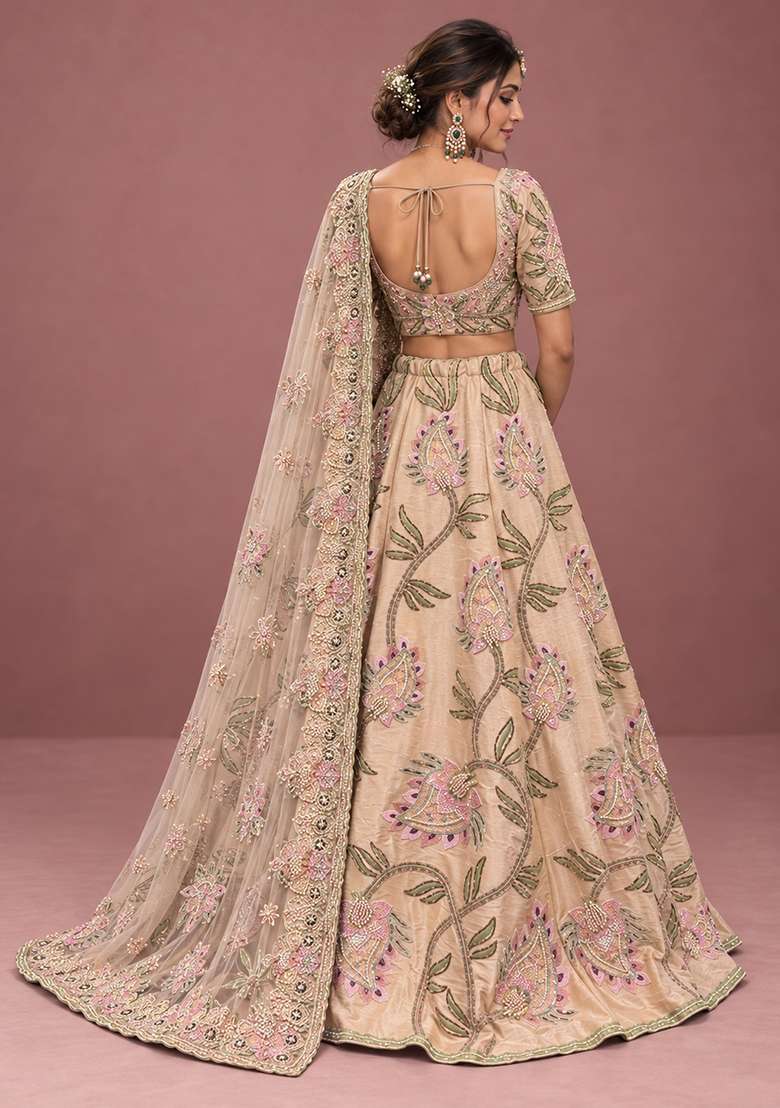 Light Peach Sequin And Cutdana Embellished Chanderi Silk Lehenga Choli Set - Indya