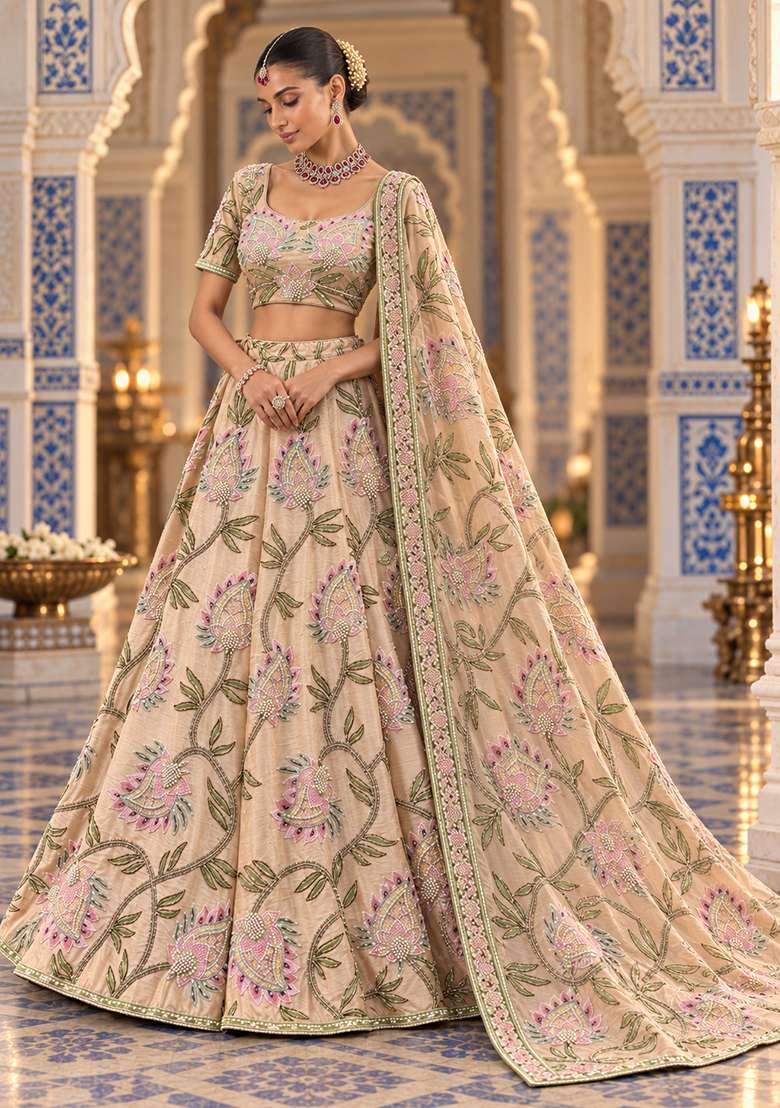 Light Peach Sequin And Cutdana Embellished Chanderi Silk Lehenga Choli Set - Indya