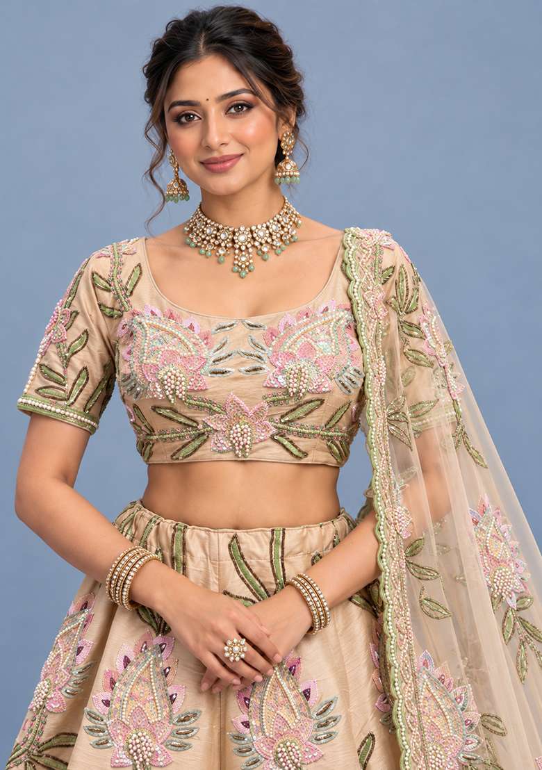 Light Peach Sequin And Cutdana Embellished Chanderi Silk Lehenga Choli Set - Indya