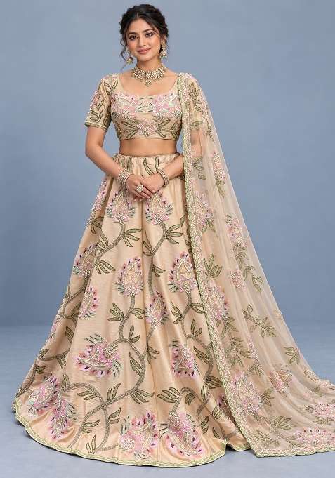 Light Peach Sequin And Cutdana Embellished Chanderi Silk Lehenga Choli Set