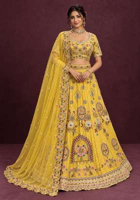 Yellow Bead Mirror And Thread Embroidered Chanderi Silk Lehenga Set With Organza Dupatta