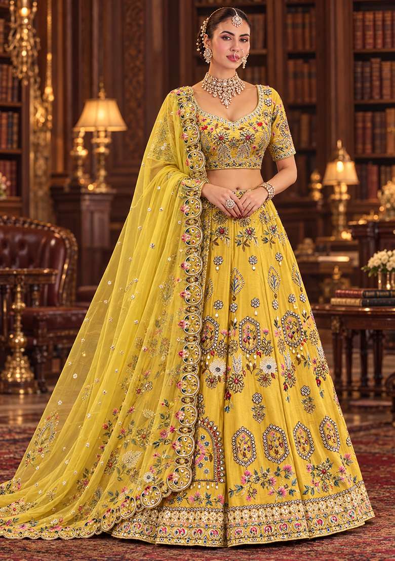 Yellow Bead Mirror And Thread Embroidered Chanderi Silk Lehenga Set With Organza Dupatta - Indya