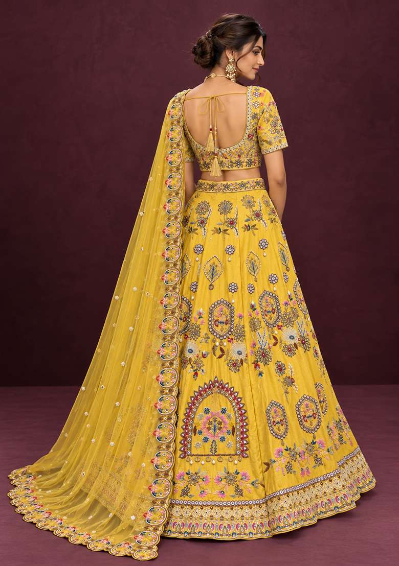 Yellow Bead Mirror And Thread Embroidered Chanderi Silk Lehenga Set With Organza Dupatta - Indya