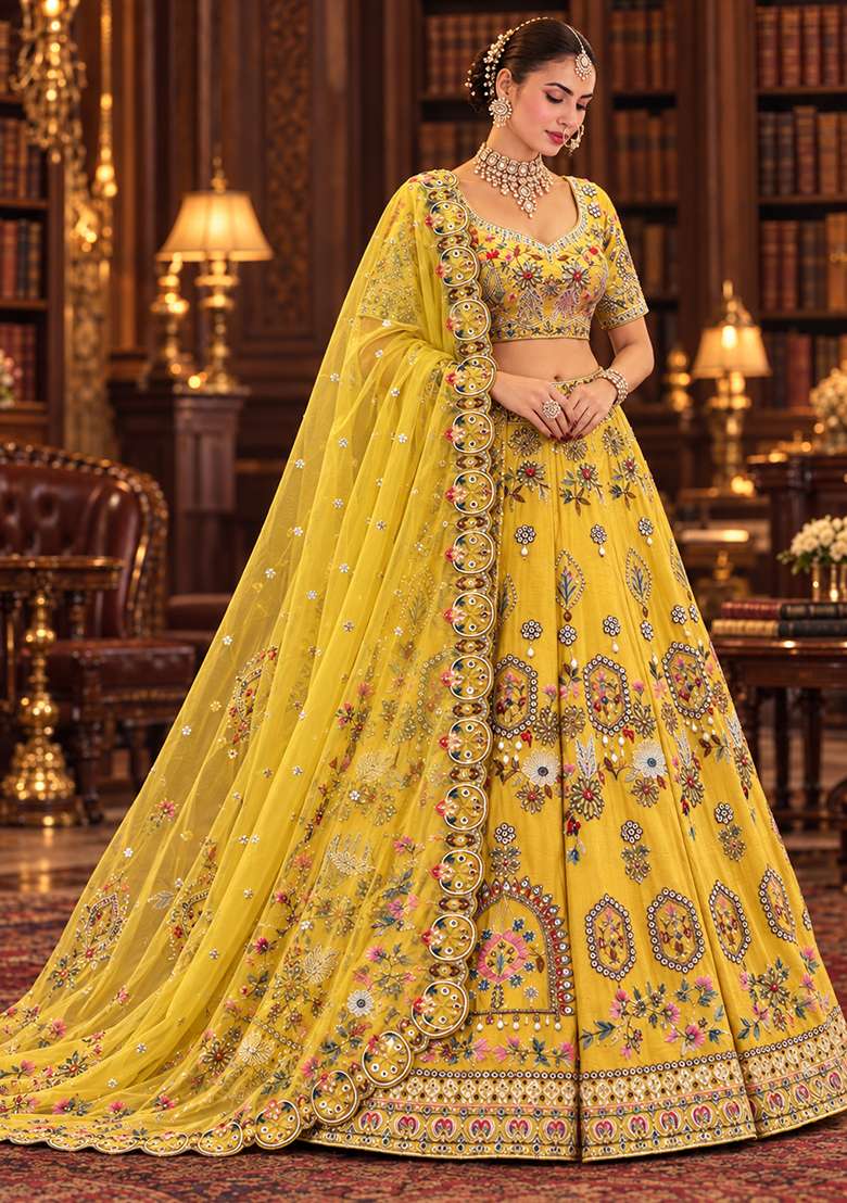 Yellow Bead Mirror And Thread Embroidered Chanderi Silk Lehenga Set With Organza Dupatta - Indya