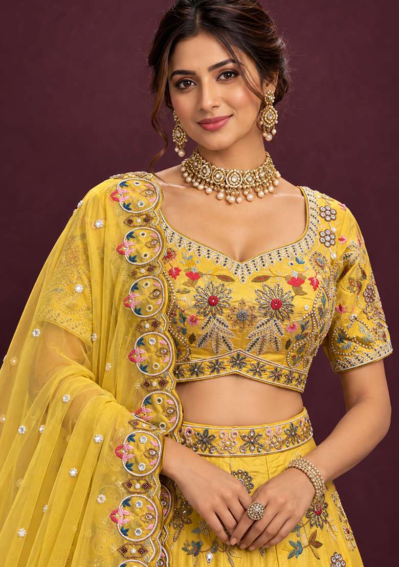 Yellow Bead Mirror And Thread Embroidered Chanderi Silk Lehenga Set With Organza Dupatta - Indya