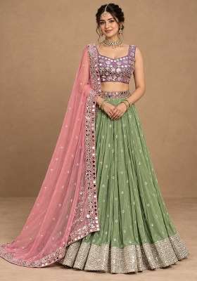 Light Green Mirror And Thread Embroidered Georgette Lehenga Set With Organza Dupatta