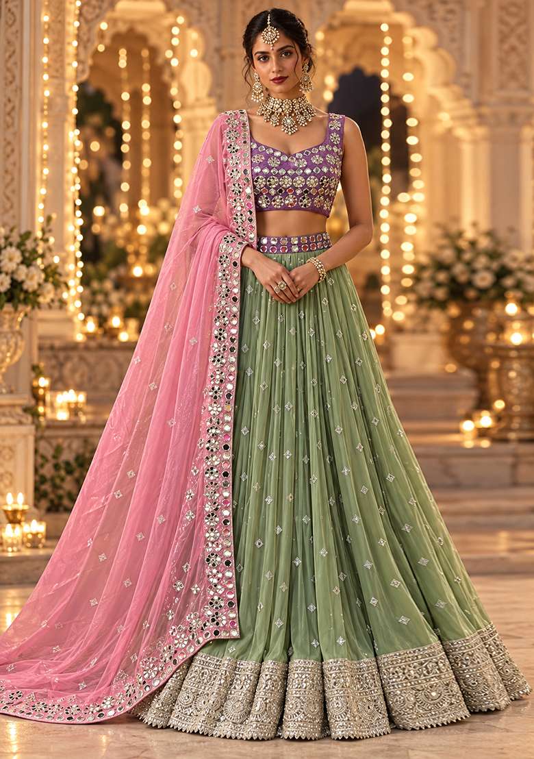 Light Green Mirror And Thread Embroidered Georgette Lehenga Set With Organza Dupatta - Indya