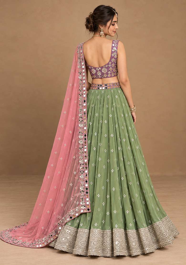 Light Green Mirror And Thread Embroidered Georgette Lehenga Set With Organza Dupatta - Indya