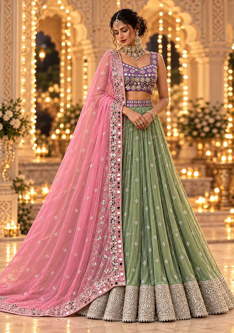 Light Green Mirror And Thread Embroidered Georgette Lehenga Set With Organza Dupatta - Indya