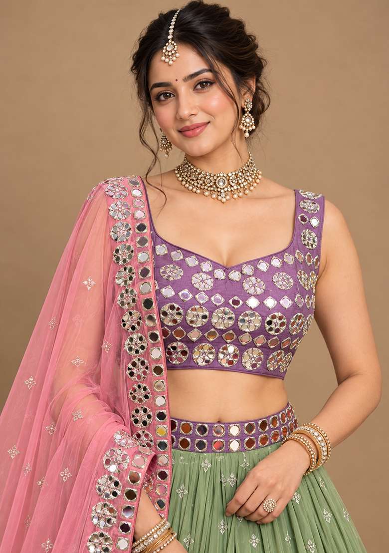 Light Green Mirror And Thread Embroidered Georgette Lehenga Set With Organza Dupatta - Indya