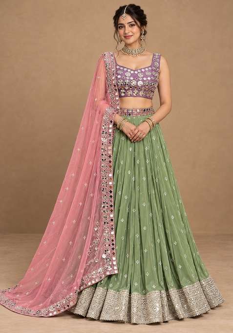 Light Green Mirror And Thread Embroidered Georgette Lehenga Set With Organza Dupatta