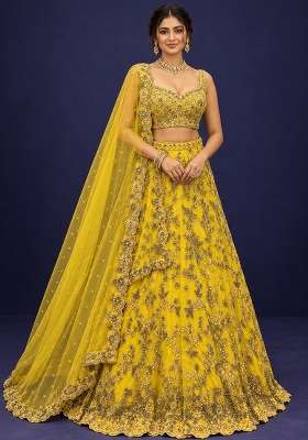 Yellow Mirror And Cutdana Embellished Net Lehenga Set With Matching Dupatta