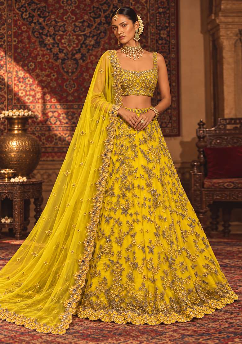 Yellow Mirror And Cutdana Embellished Net Lehenga Set With Matching Dupatta - Indya