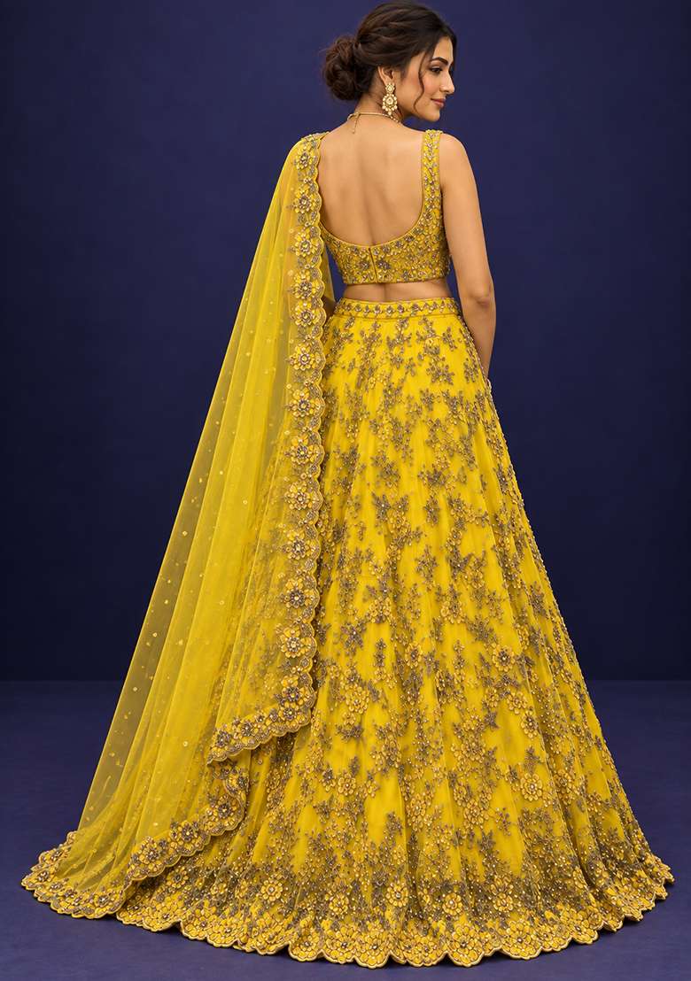Yellow Mirror And Cutdana Embellished Net Lehenga Set With Matching Dupatta - Indya