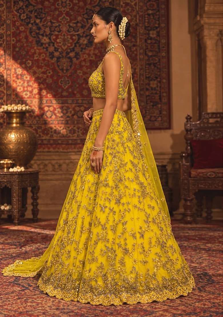 Yellow Mirror And Cutdana Embellished Net Lehenga Set With Matching Dupatta - Indya