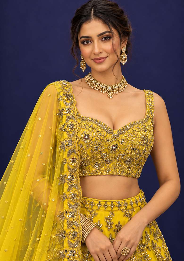 Yellow Mirror And Cutdana Embellished Net Lehenga Set With Matching Dupatta - Indya