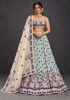 Light Blue Sequin And Cutdana Embellished Chanderi Silk Lehenga Set With Net Dupatta