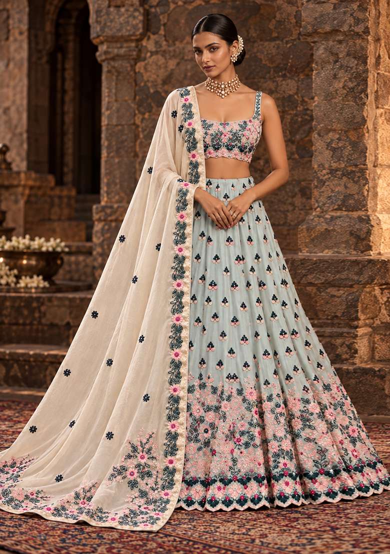 Light Blue Sequin And Cutdana Embellished Chanderi Silk Lehenga Set With Net Dupatta - Indya