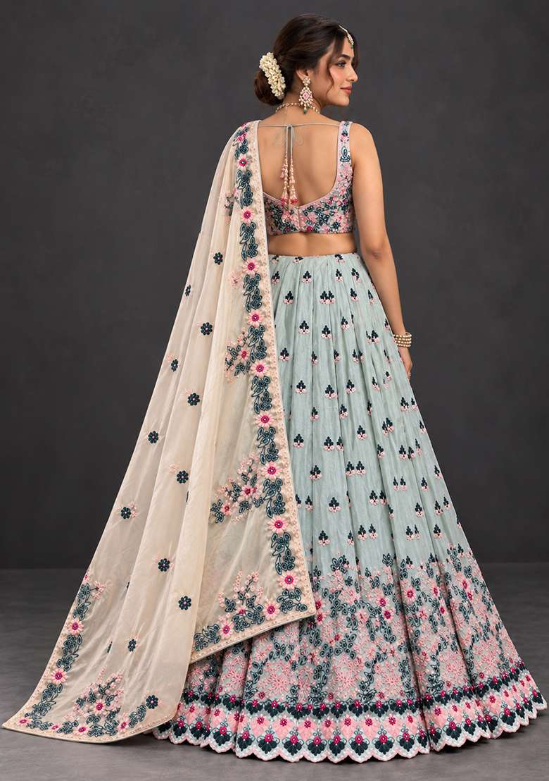 Light Blue Sequin And Cutdana Embellished Chanderi Silk Lehenga Set With Net Dupatta - Indya