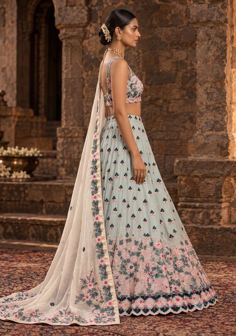 Light Blue Sequin And Cutdana Embellished Chanderi Silk Lehenga Set With Net Dupatta - Indya
