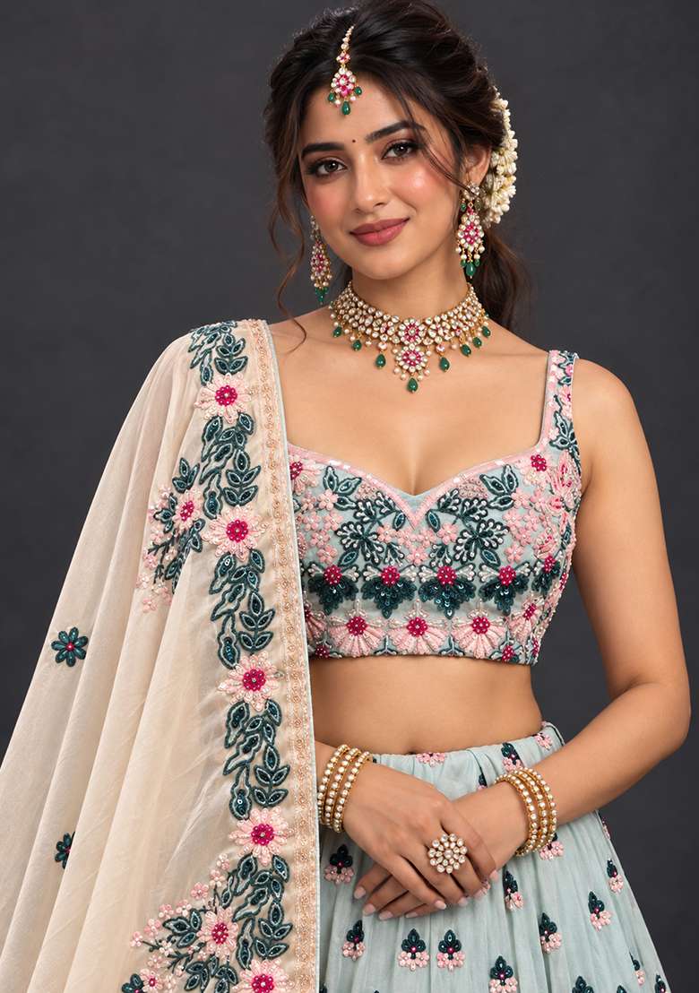 Light Blue Sequin And Cutdana Embellished Chanderi Silk Lehenga Set With Net Dupatta - Indya