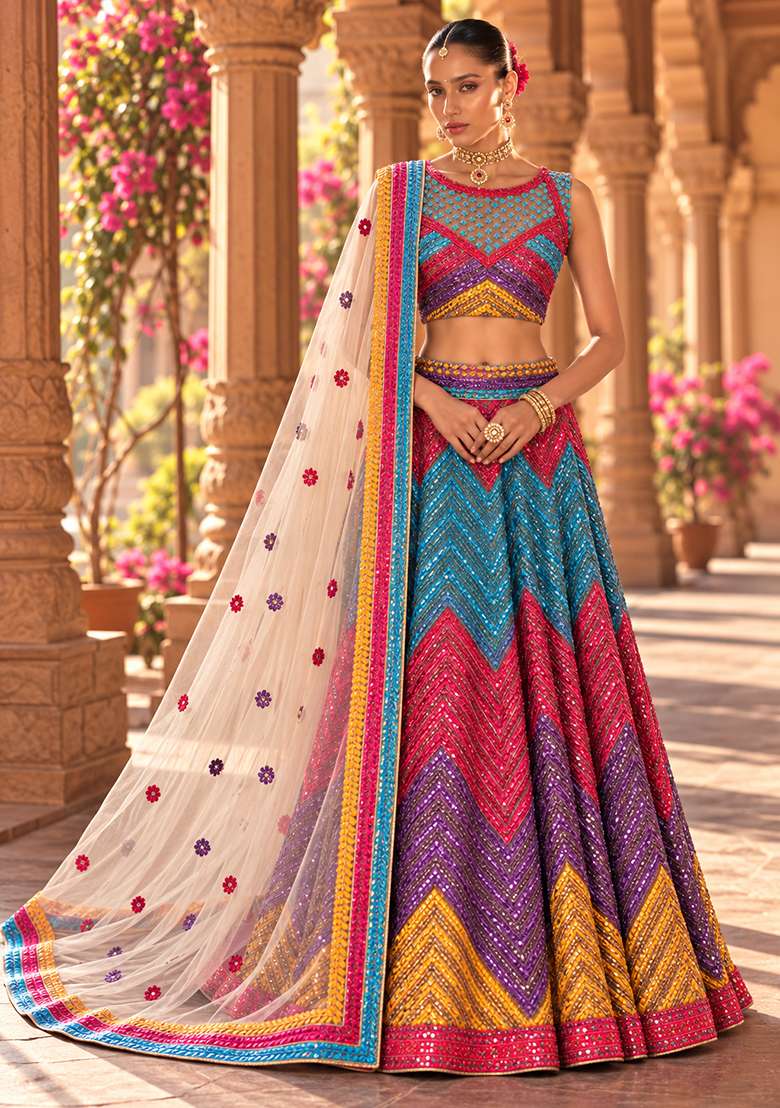 Multicolour Sequin Embellished Net Lehenga Set With Matching Dupatta - Indya