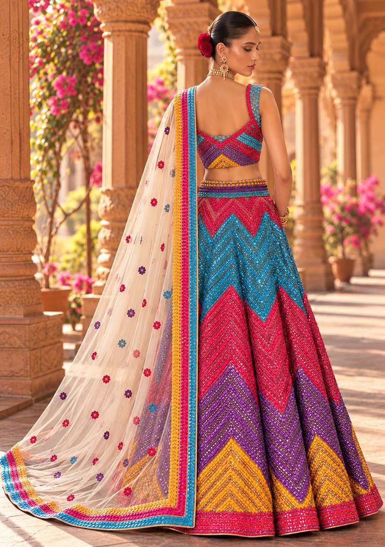 Multicolour Sequin Embellished Net Lehenga Set With Matching Dupatta - Indya