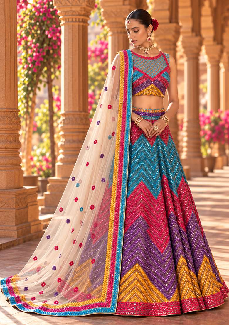 Multicolour Sequin Embellished Net Lehenga Set With Matching Dupatta - Indya