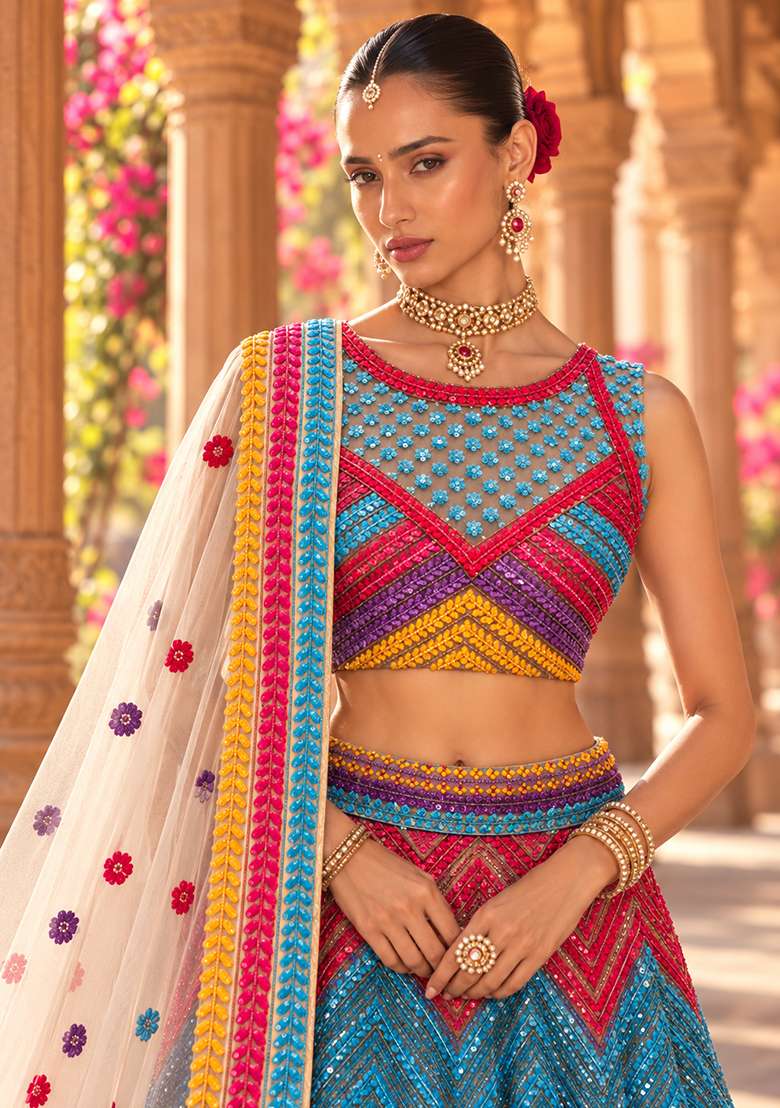 Multicolour Sequin Embellished Net Lehenga Set With Matching Dupatta - Indya