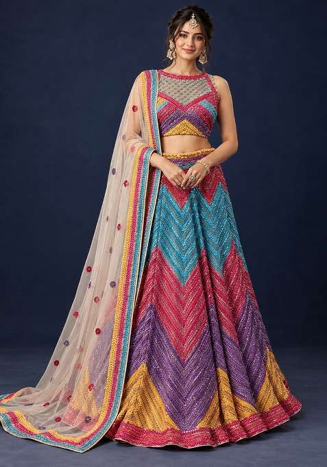 Multicolour Sequin Embellished Net Lehenga Set With Matching Dupatta