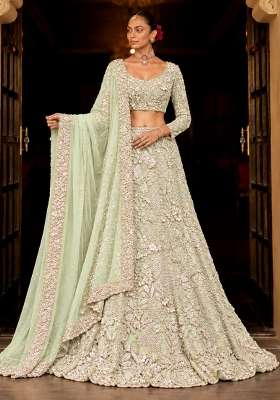 Pastel Green Sequin and Cutdana Embellished Net Lehenga Set with Matching Dupatta