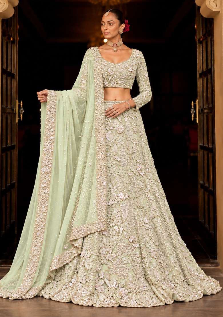 Pastel Green Sequin and Cutdana Embellished Net Lehenga Set with Matching Dupatta - Indya