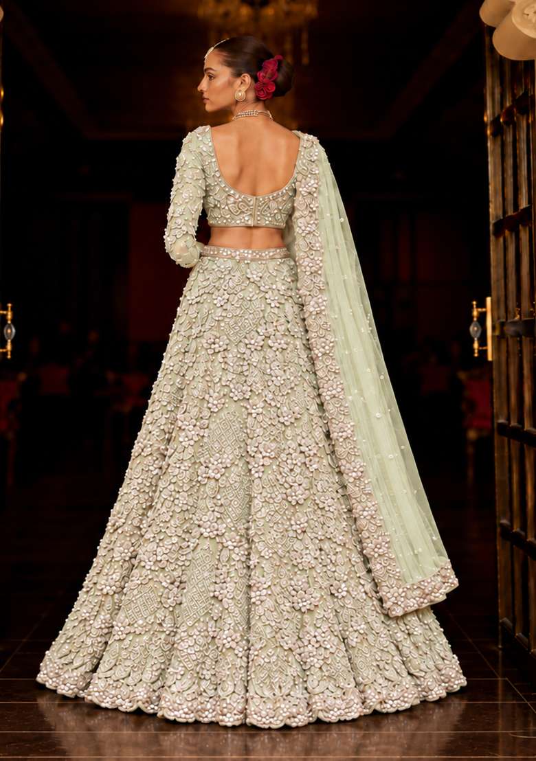 Pastel Green Sequin and Cutdana Embellished Net Lehenga Set with Matching Dupatta - Indya