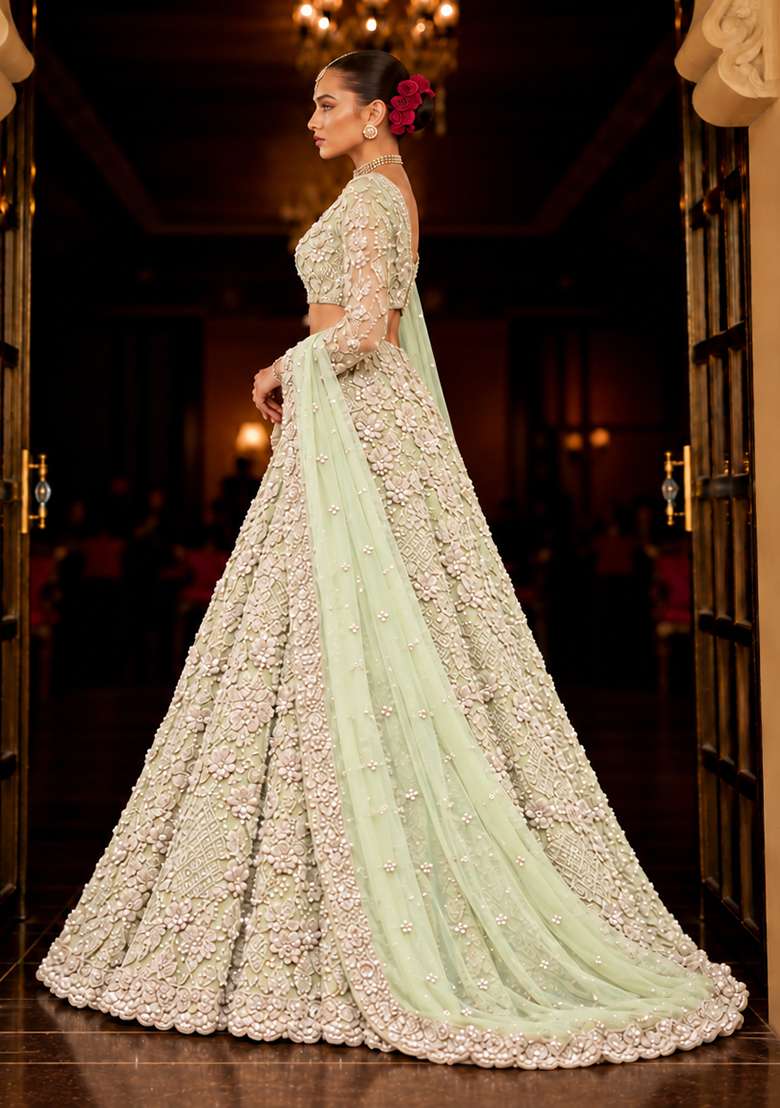 Pastel Green Sequin and Cutdana Embellished Net Lehenga Set with Matching Dupatta - Indya