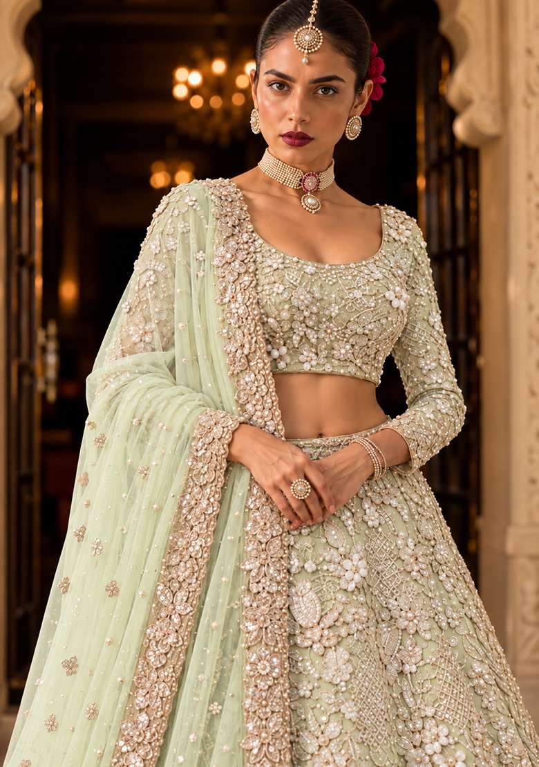 Pastel Green Sequin and Cutdana Embellished Net Lehenga Set with Matching Dupatta - Indya