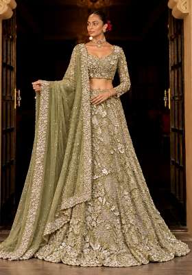 Olive Green Sequin and Cutdana Embellished Net Lehenga Set with Matching Dupatta